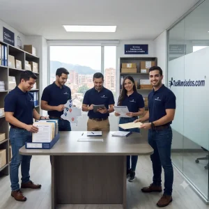Equipo profesional de TusMandados.com en sus oficinas de Bogotá, gestionando documentos y envíos nacionales e internacionales con eficiencia y confianza
