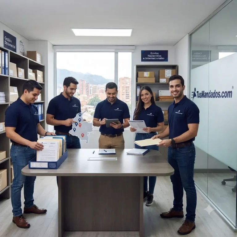 Equipo profesional de TusMandados.com en sus oficinas de Bogotá, gestionando documentos y envíos nacionales e internacionales con eficiencia y confianza